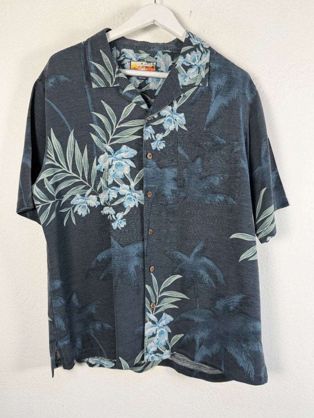 Havana Jacks Cafe Hawaiian Shirt Silk Orchid Palm Leaf Panel Border Camp Blue XL